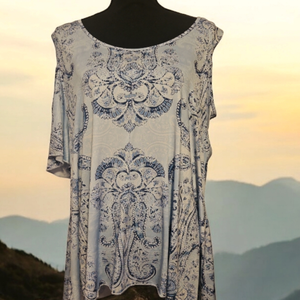 Blue and White Graphic Short Sleeve Blouse